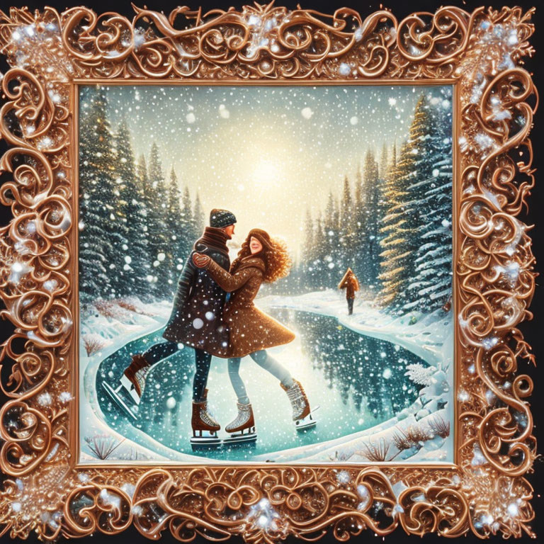 Ice-skating couple in snow-covered forest with golden frame and lone figure.