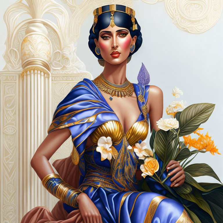 Illustrated woman in blue and gold ancient Egyptian attire with flowers, headpiece, and jewelry.