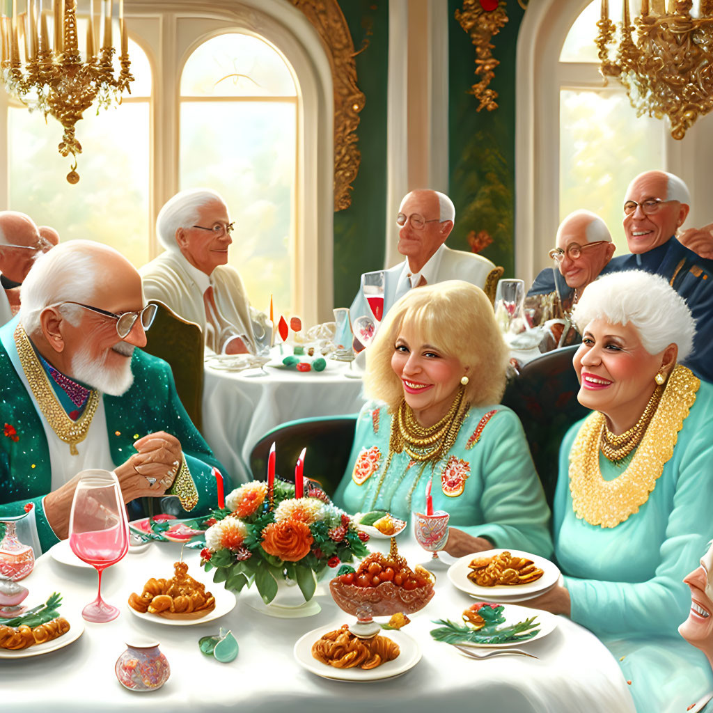 Elderly people in elegant attire enjoying a banquet in ornate room