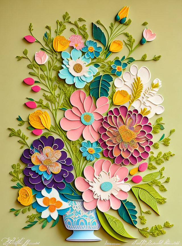 Vibrant paper art: Bouquet of intricate flowers in vase on green background