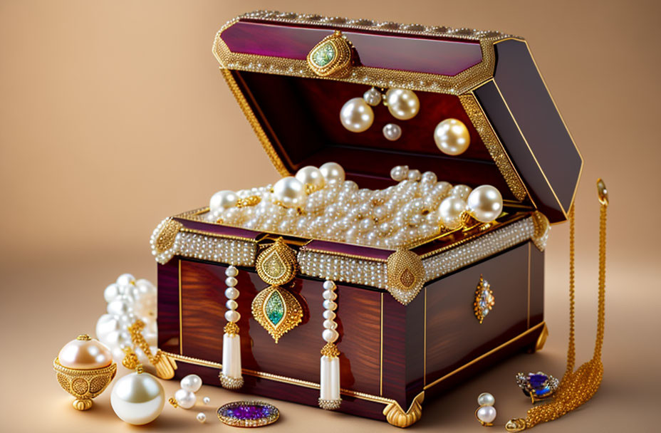 Luxurious Jewelry Box with Pearls, Gold Necklaces, and Gemstone Earrings