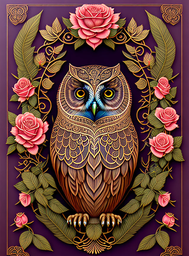 Intricate Owl Illustration with Floral Frame on Purple Background