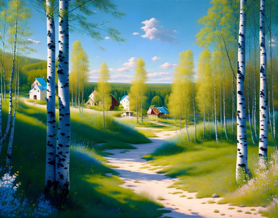 Tranquil rural landscape with birch trees, winding path, green grass, distant houses