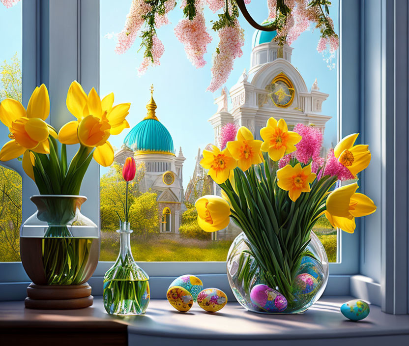 Bright yellow tulips in glass vase with church view and Easter eggs