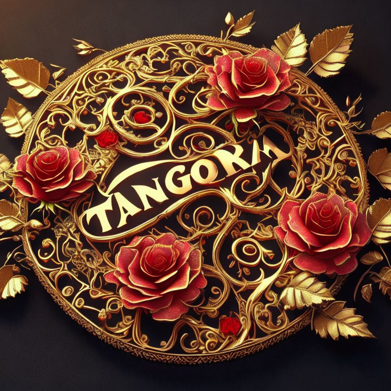 Golden emblem with "TANGORA" in swirls, leaves, red roses on black.