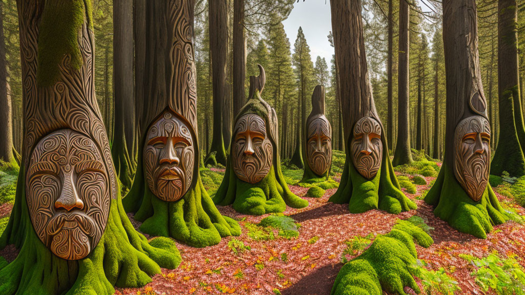 Detailed human faces carved on tree trunks in lush forest landscape