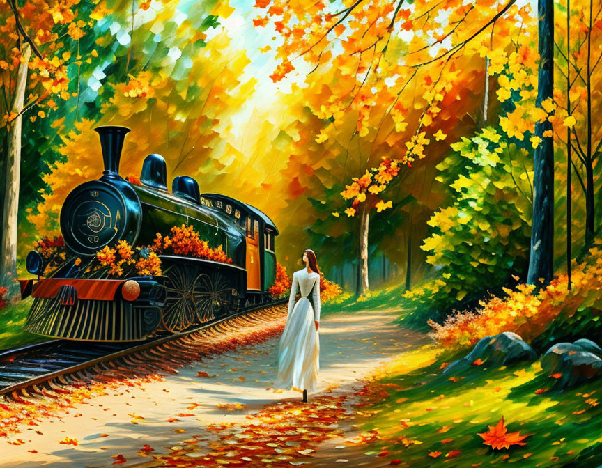 Woman in white dress walking on train tracks amid autumn foliage and stationary steam train