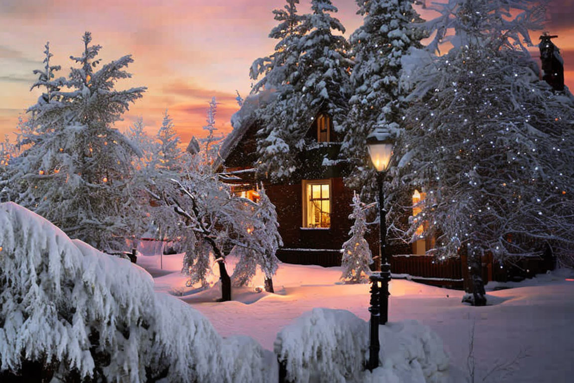 Snow-covered cottage at dusk with glowing windows, surrounded by snow-laden trees under pink and purple sky