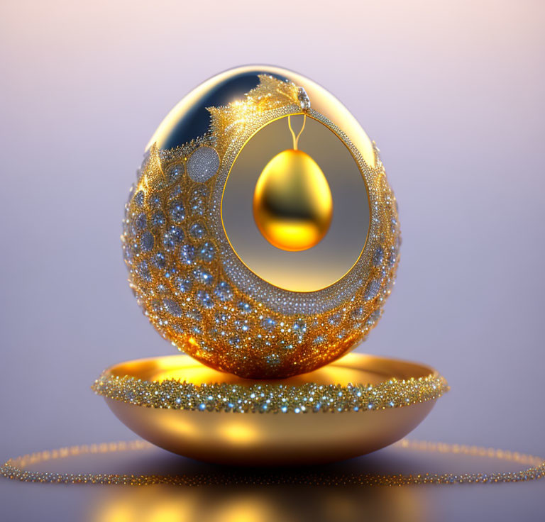 Golden Sphere with Gemstones on Ornate Stand Against Purple Backdrop