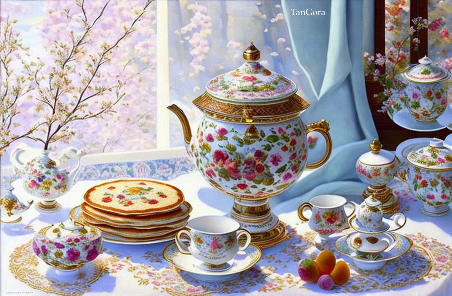 Porcelain tea set with floral patterns near cherry blossoms and fabric backdrop