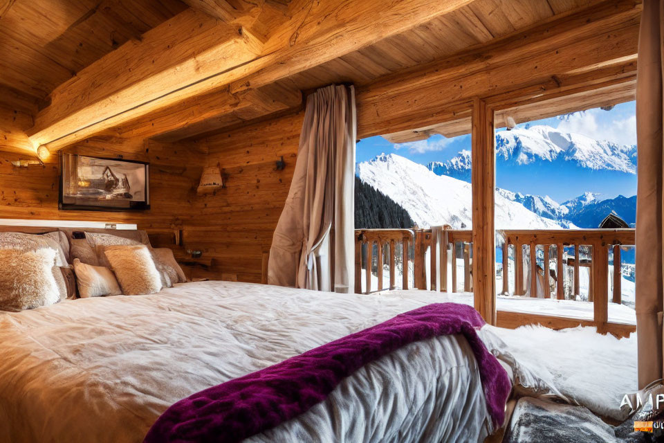 Rustic wooden chalet bedroom with plush bed and mountain view