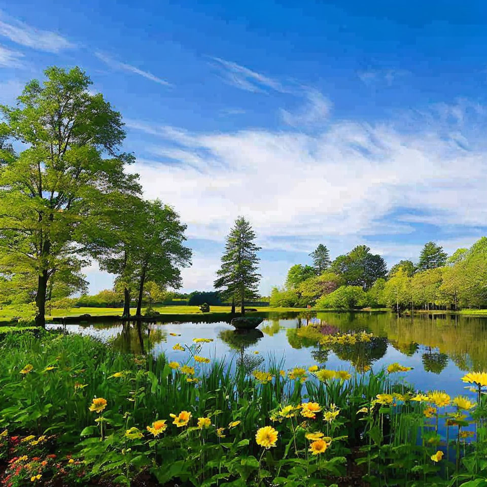 Tranquil lakeside scene with vibrant flowers, green trees, and blue sky