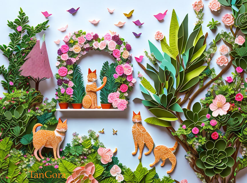 Colorful paper art featuring floral elements, tropical foliage, and orange cats surrounded by blossoming flowers