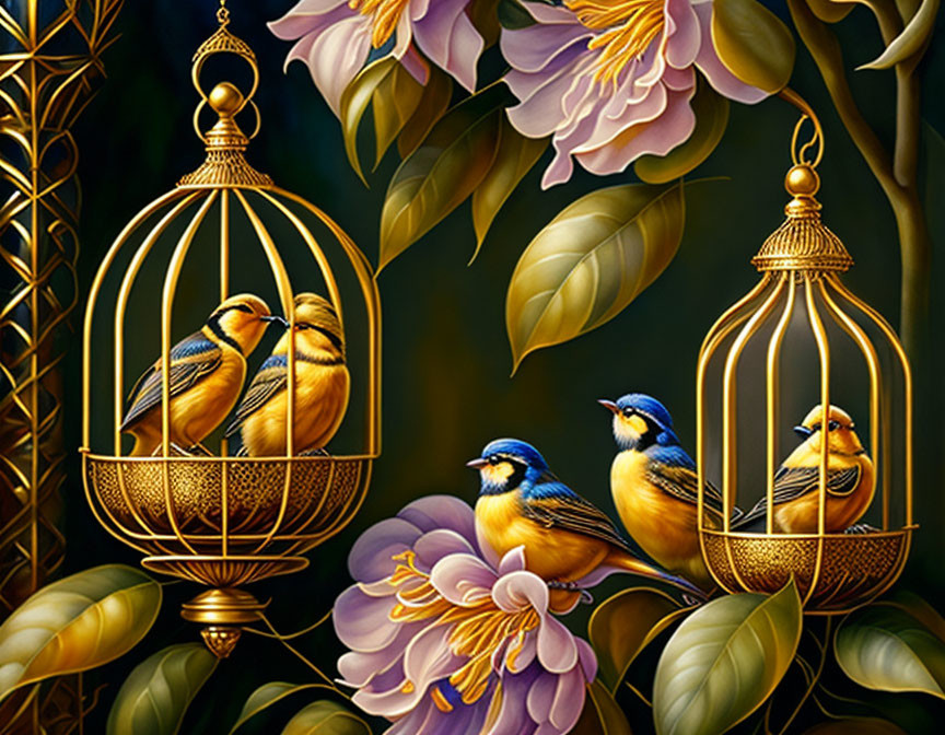 Golden birdcages with yellow birds, purple flowers, dark background