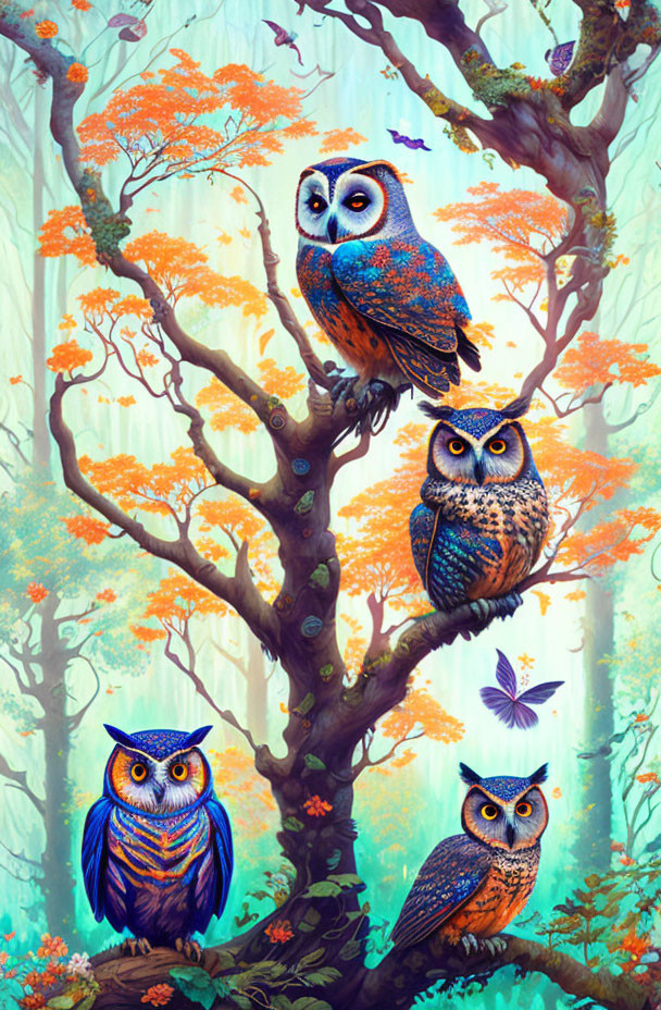 Colorful Owls Perched in Vibrant Forest Scene