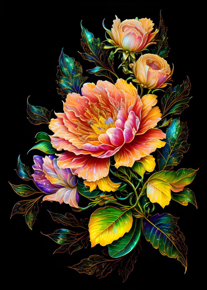 Colorful digital artwork: Orange peonies with vibrant leaves on black background