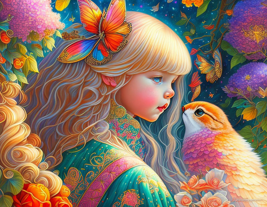 Vibrant illustration of girl with golden hair, bird, flowers, and butterfly