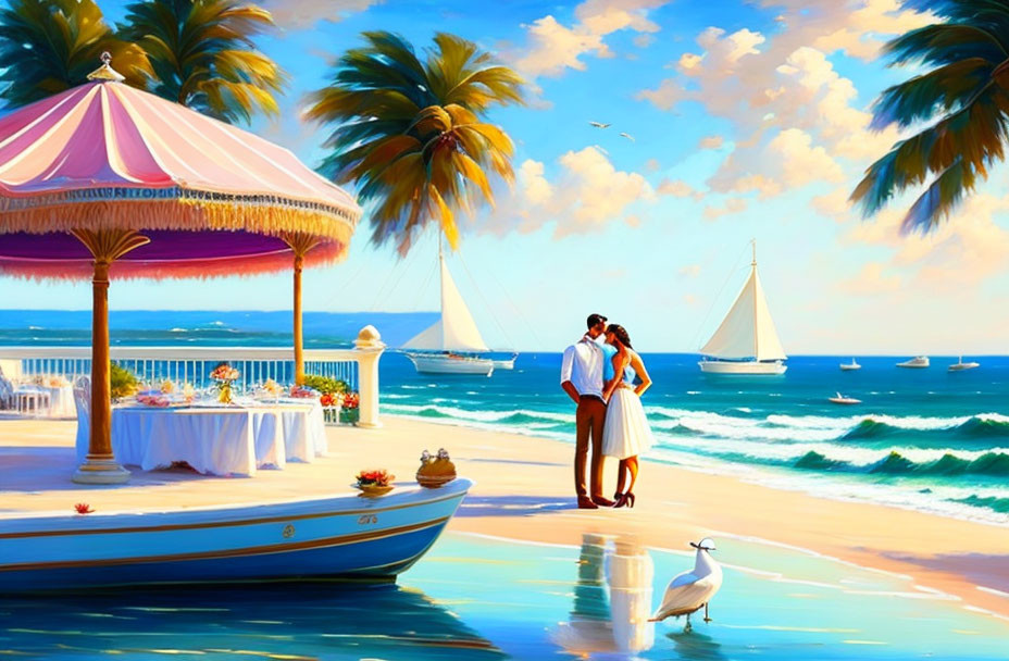 Couple Embraces on Sunny Beachfront with Boat and Sailboats