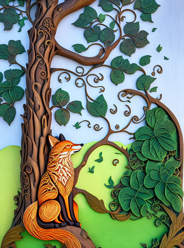 Vibrant 3D paper art of orange fox under tree branches