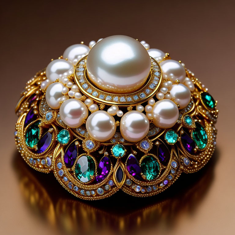 Intricate brooch with central pearl, gemstones, and gold filigree