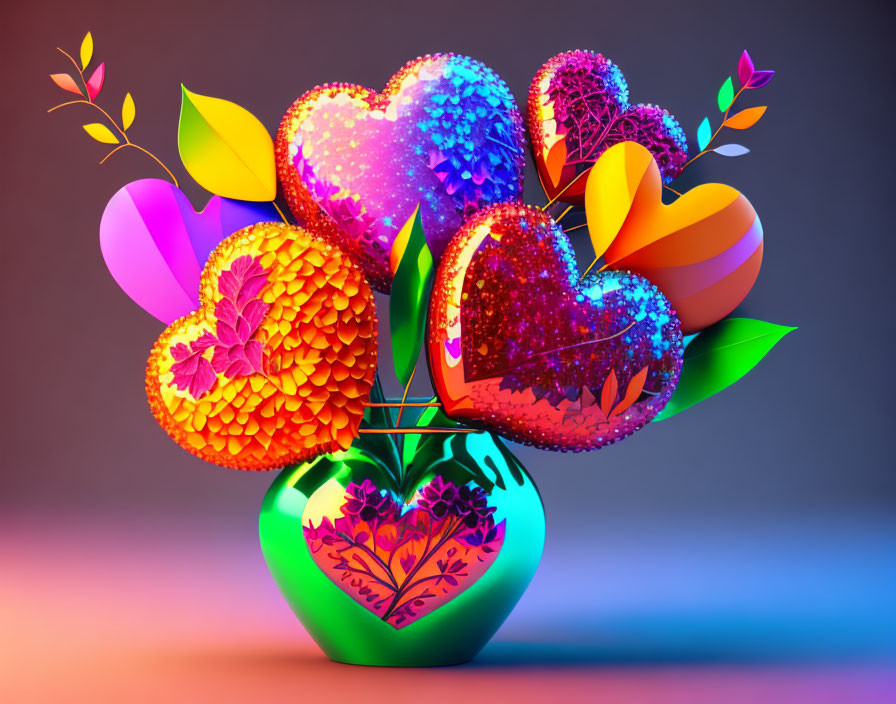 Heart-shaped flowers in vibrant vase on gradient background