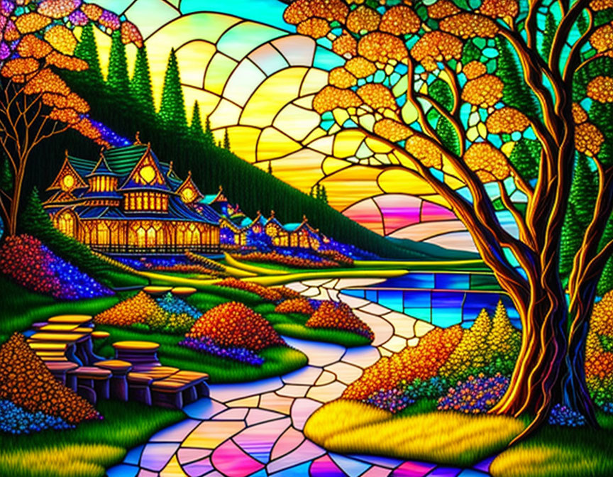 Vibrant stylized landscape with luminous pathway, cottage, trees, sunset, colorful flora