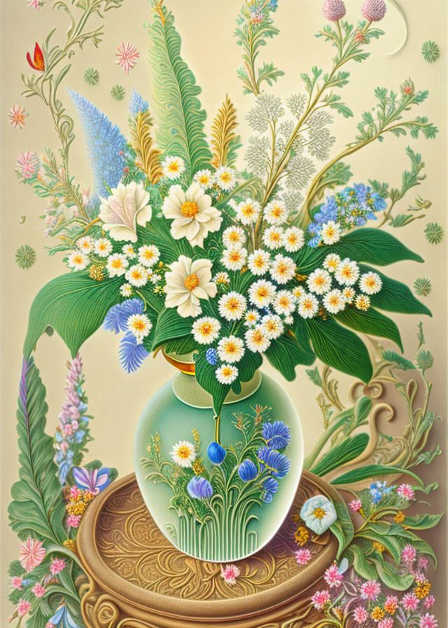 Detailed botanical bouquet illustration with diverse flowers in decorative vase