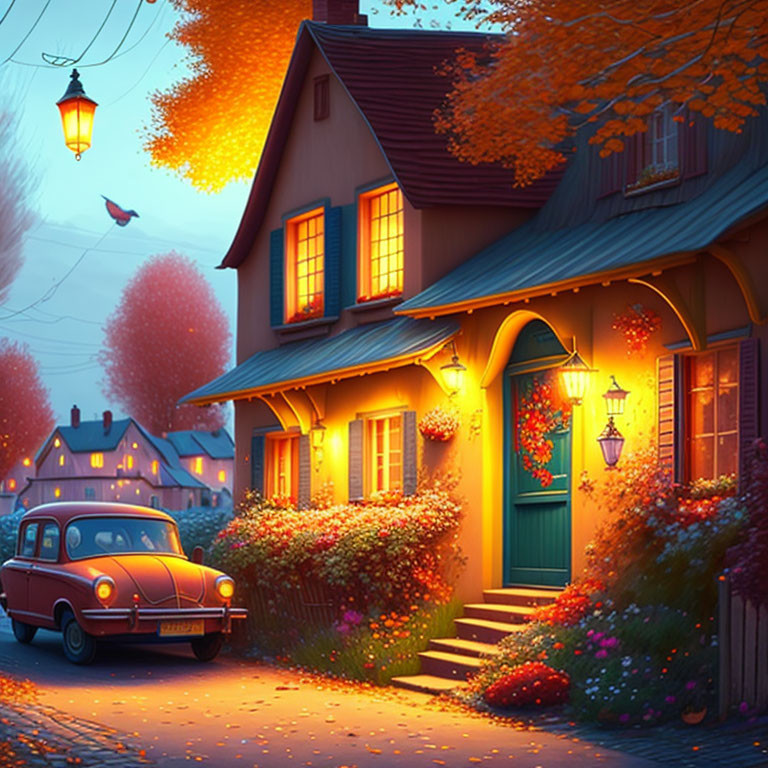 Cozy two-story house in twilight with vintage car and autumn trees