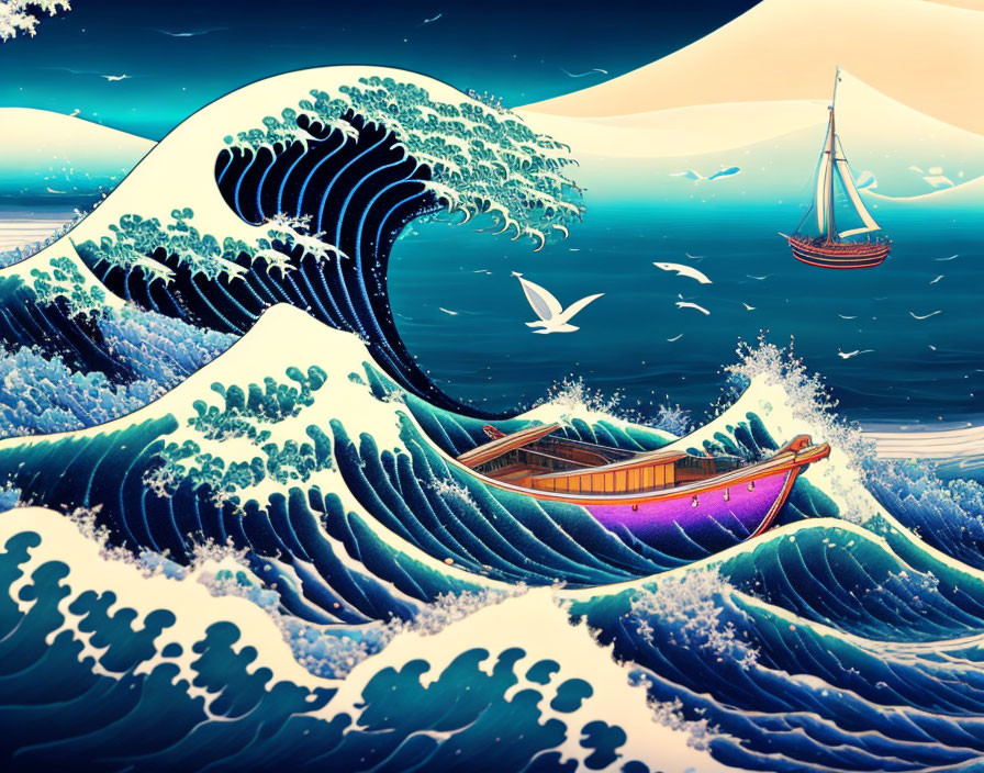 Colorful boat illustration on stormy sea with waves, distant ship, bird, and swirling sky