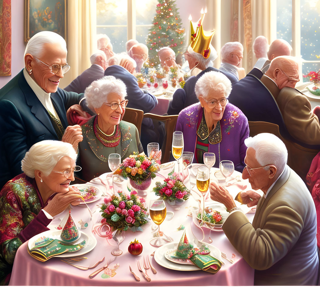 Elderly friends enjoying festive gathering with Christmas decorations