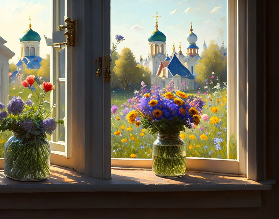 Tranquil window scene with vase of flowers and church view