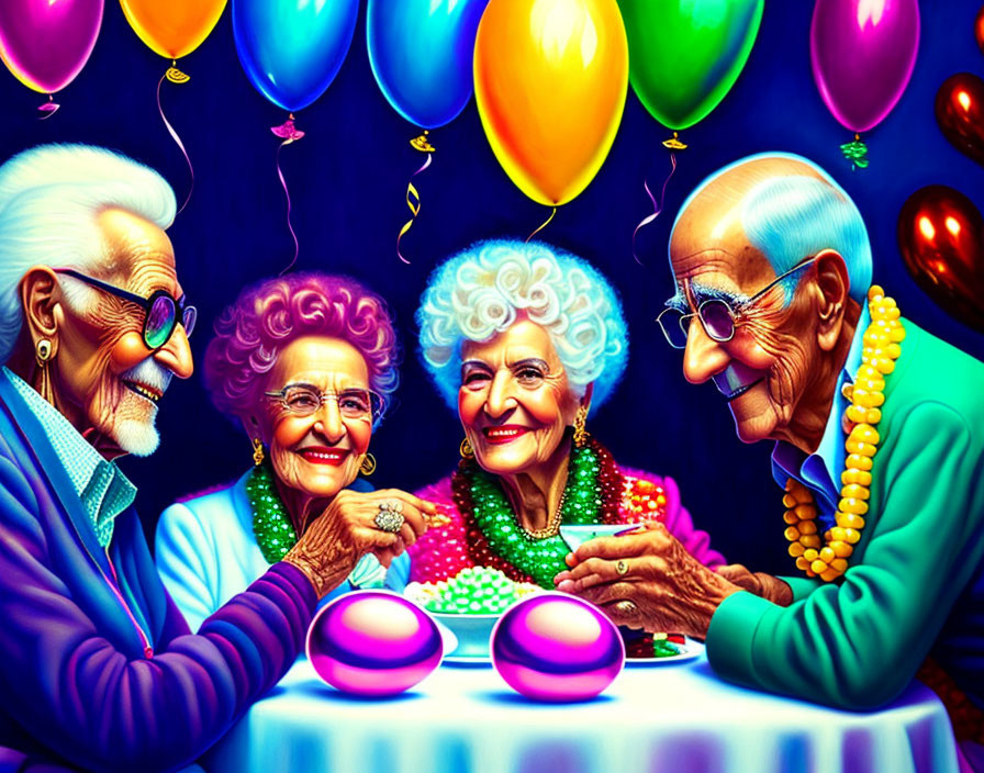 Elderly People Smiling at Colorful Party with Balloons