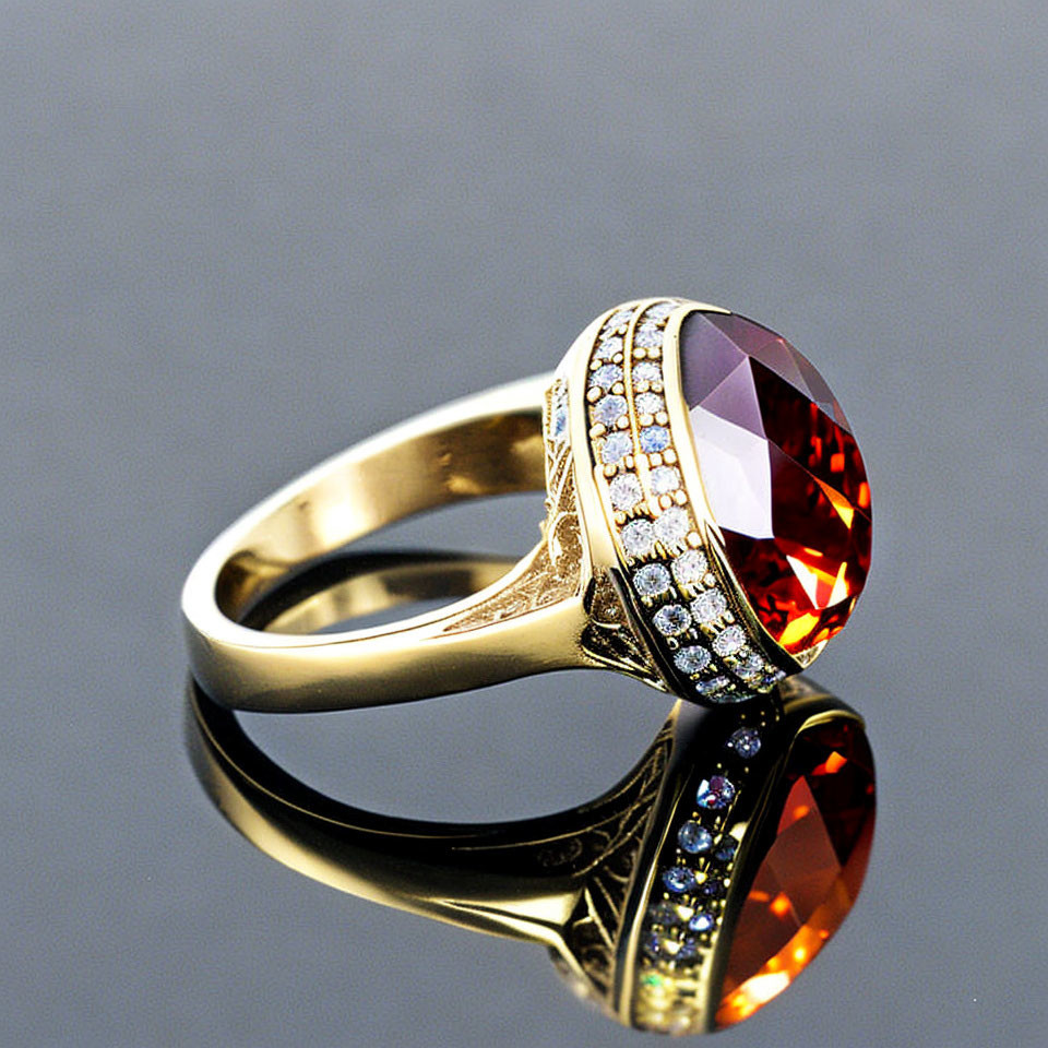 Gold Ring with Oval Red Gemstone & Diamonds Reflective Surface