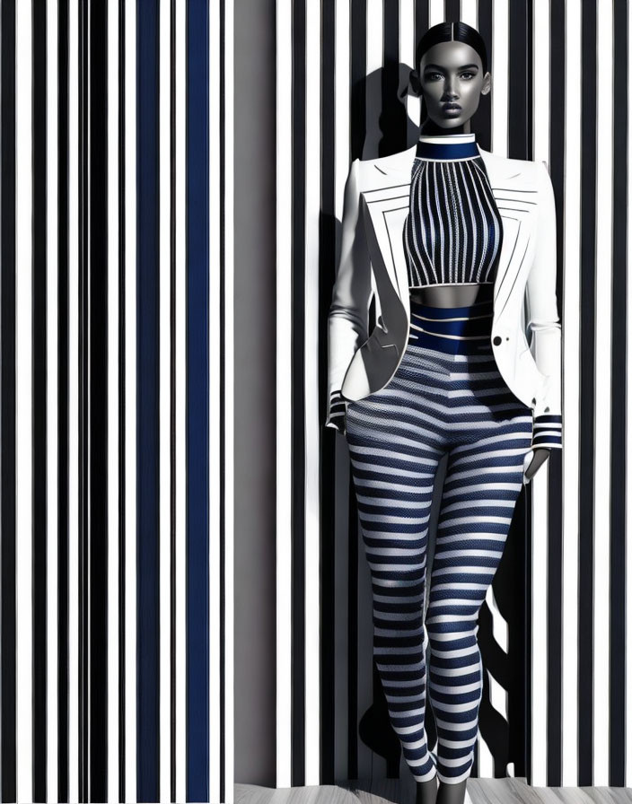 3D Rendered Female Figure in Black and White Striped Outfit