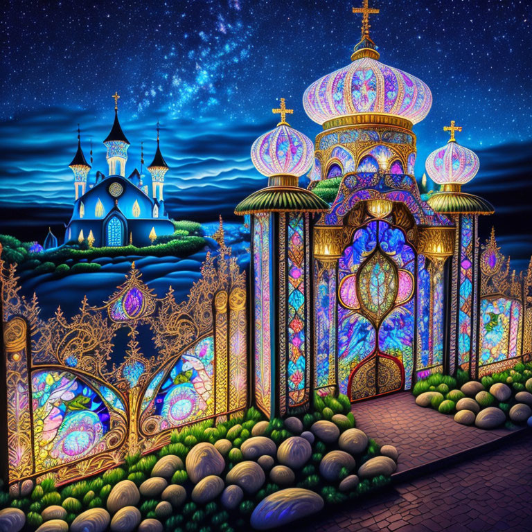 Colorful illuminated gazebo in fairy-tale garden scene with onion-domed church