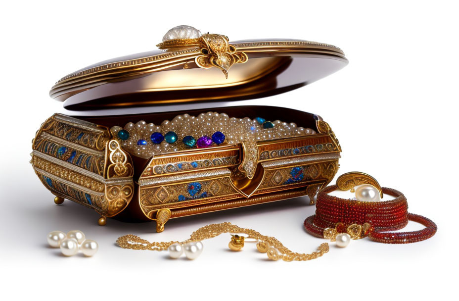 Golden Jewelry Box with Pearls and Gemstones Inside