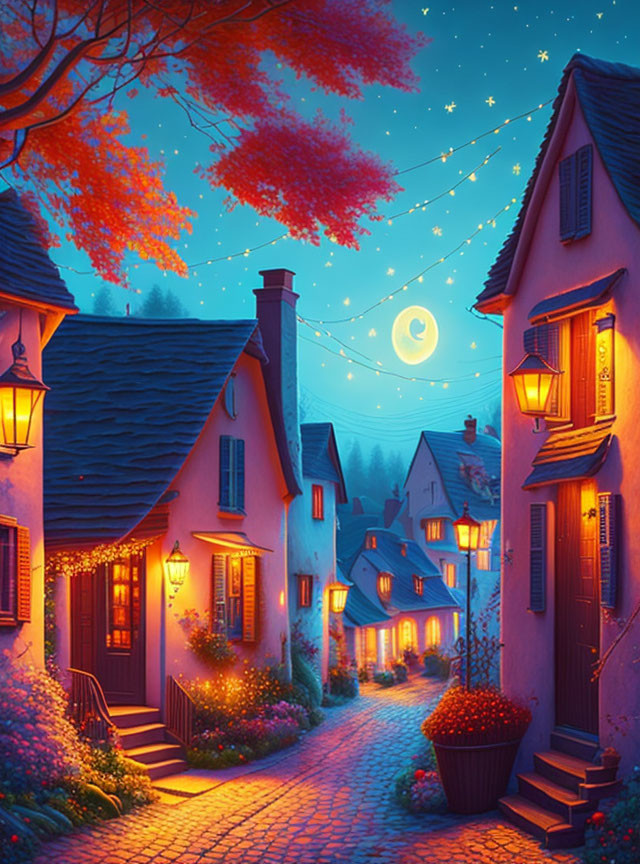 Night scene of quaint village street with glowing windows, string lights, crescent moon, and red leaf