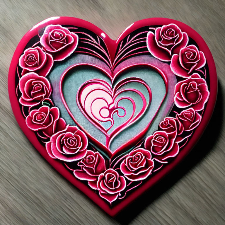 Heart-shaped box with red and pink floral design on wooden background