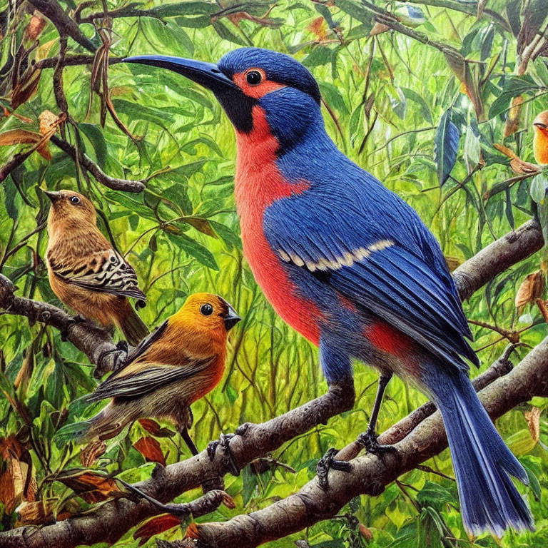 Colorful bird painting on branch with green foliage and smaller birds