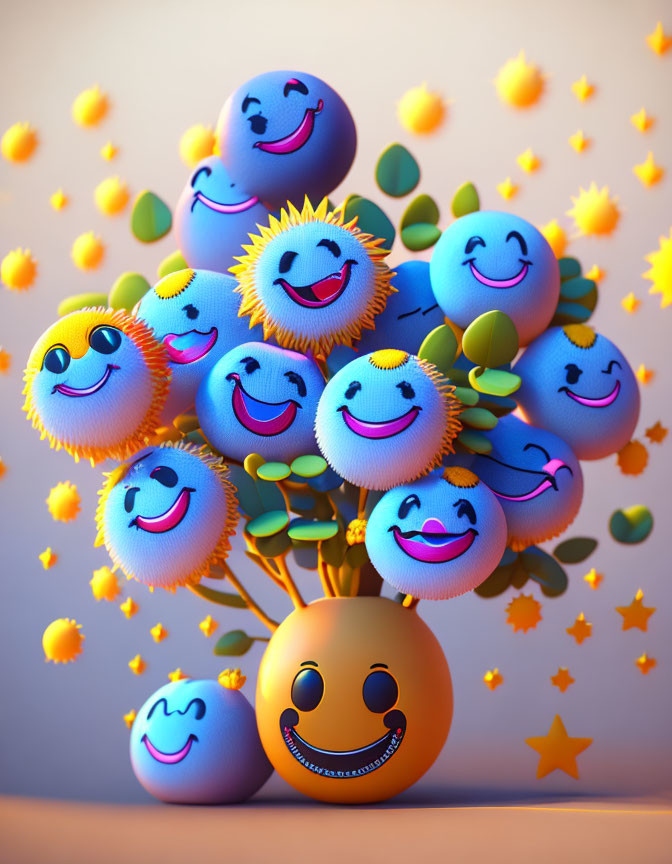 Colorful Emoji-Faced Flowers Bouquet on Gradient Background