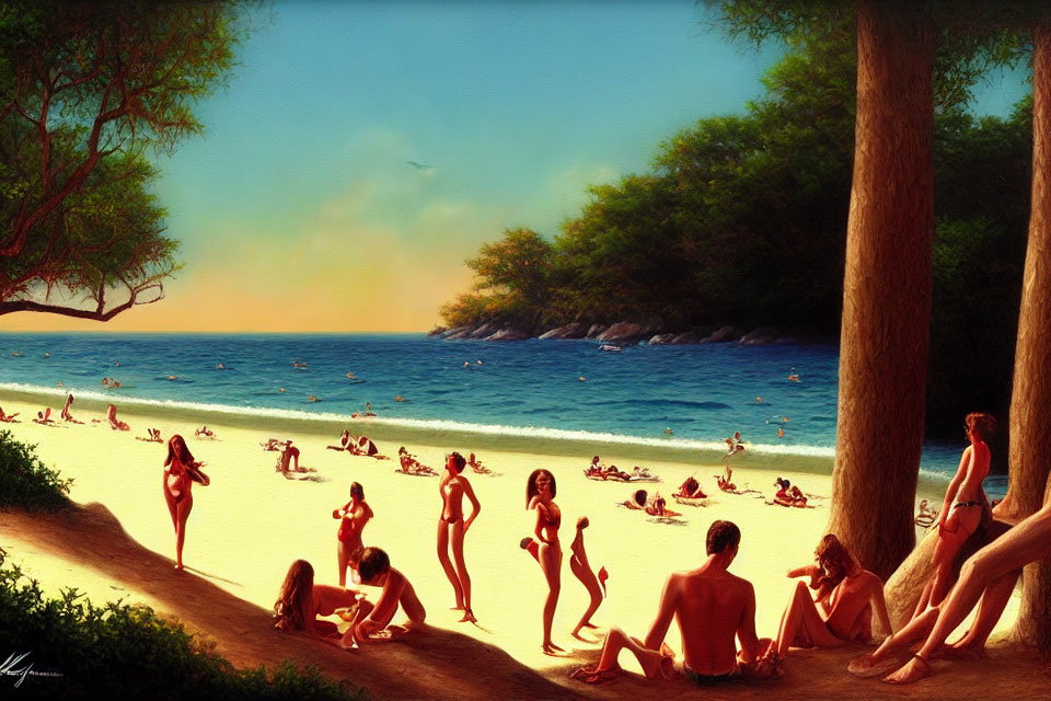 Beach scene with people sunbathing under golden sunset