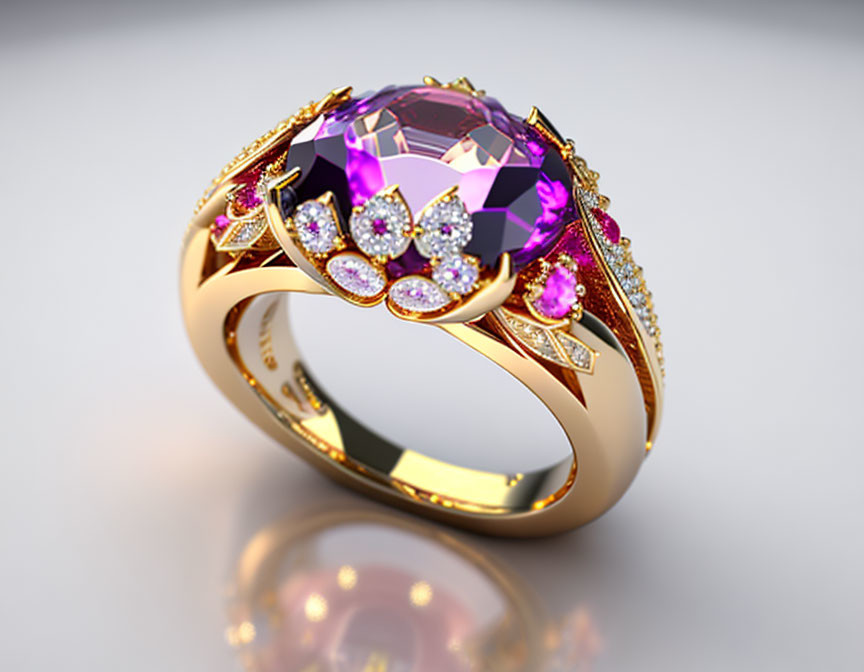 Gold Ring with Large Purple Gemstone and Diamond Accents on Reflective White Surface