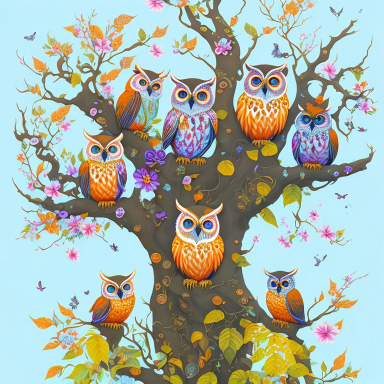 Vibrant illustration of whimsical owls on floral tree with butterflies