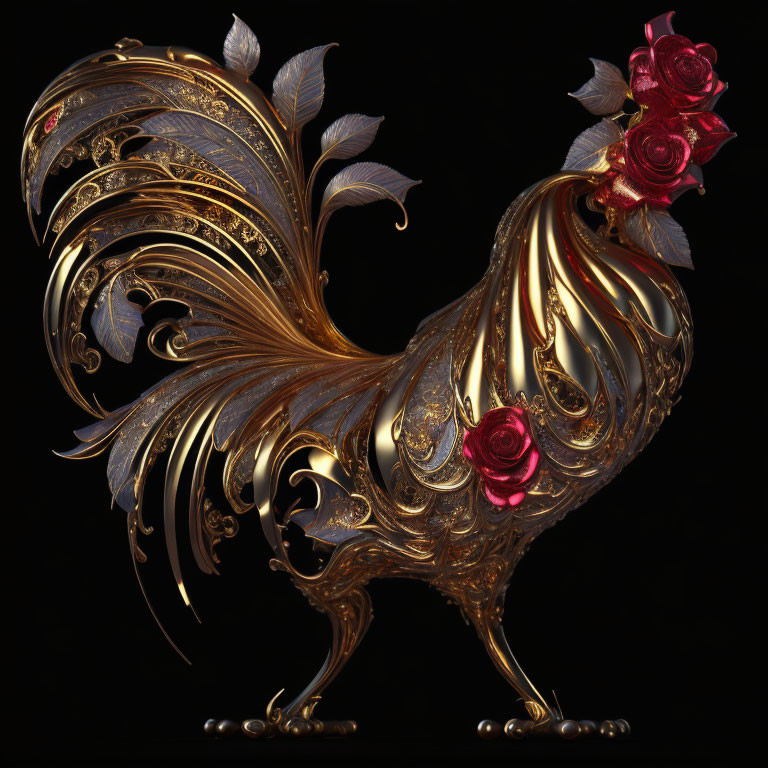 Intricately Designed Golden Rooster with Roses