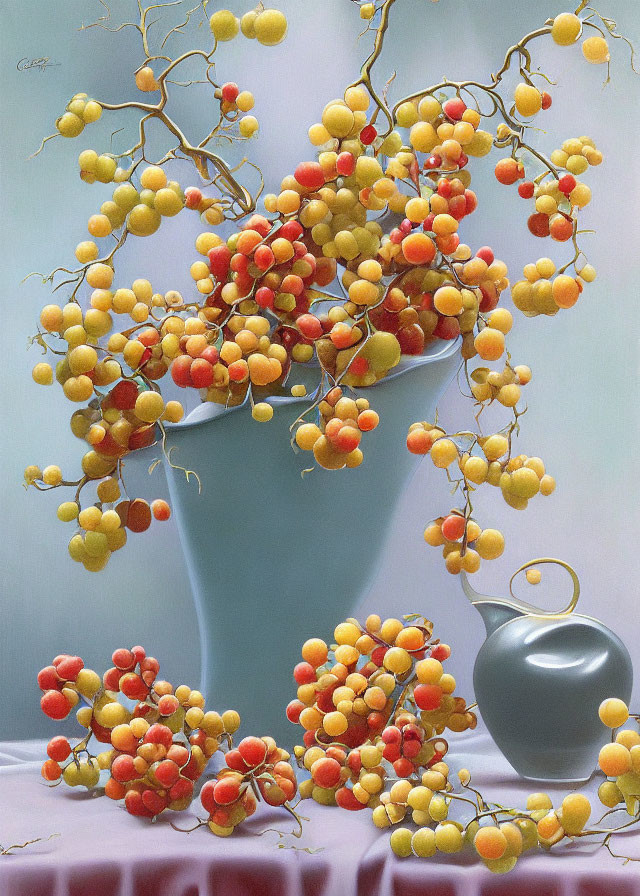 Vibrant still-life painting of overflowing vase with colorful fruits