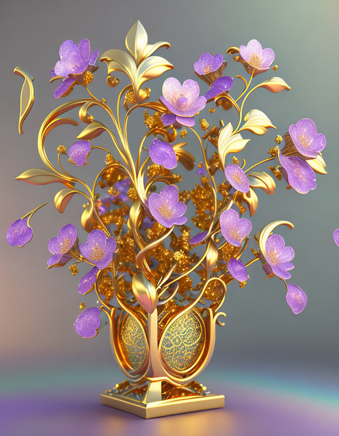 Stylized golden tree with purple flowers on gradient background