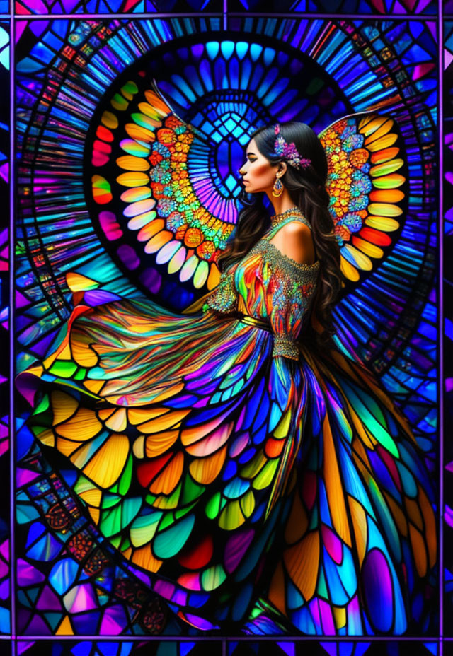 Colorful woman in butterfly-wing dress against stained-glass backdrop