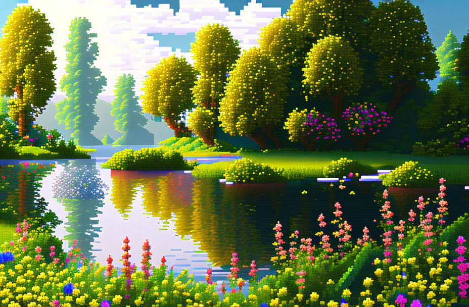 Lush Green Trees, Blooming Flowers, Serene Lake in Pixelated Digital Landscape