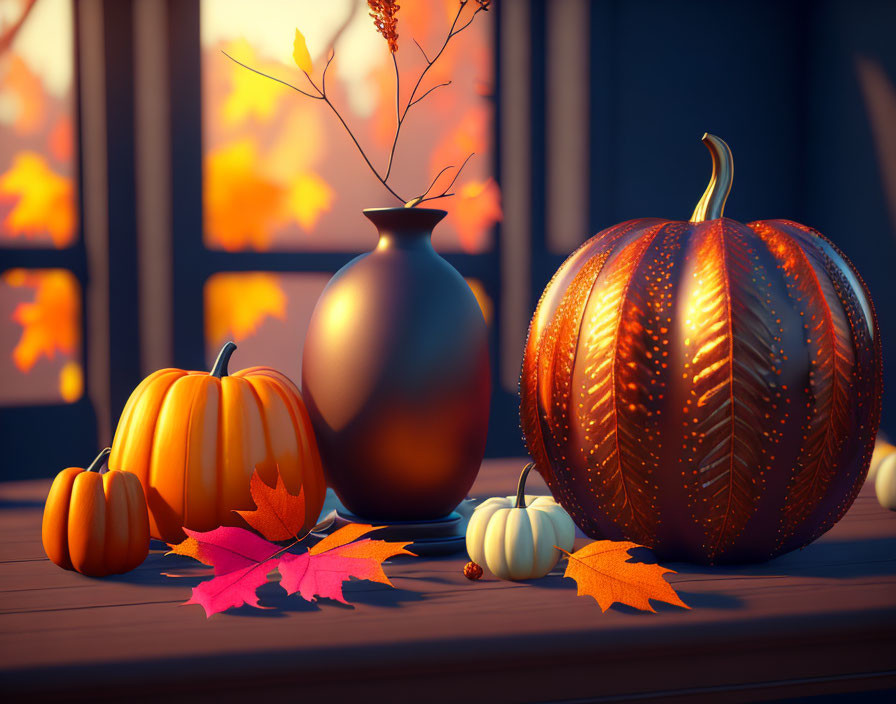 Autumn-themed pumpkin, gourds, leaves, and vase on wooden surface