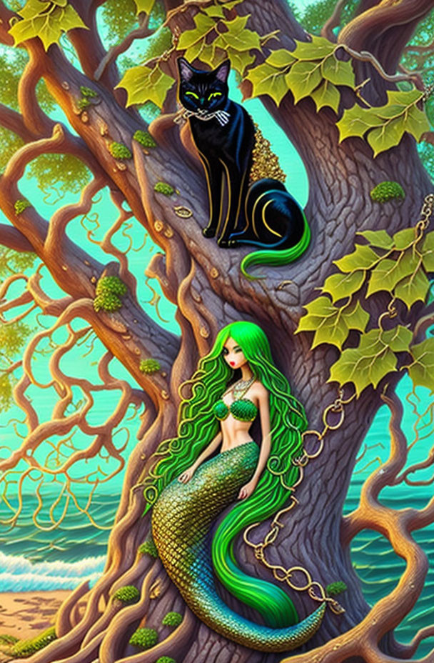 Green-haired mermaid with black cat by sea and magical forest.